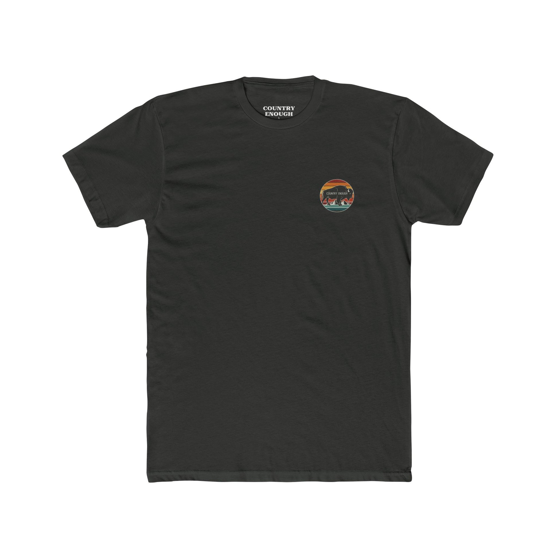 Vintage Black t-shirt with a bison, sunset and mountain landscape graphic #vintageblack