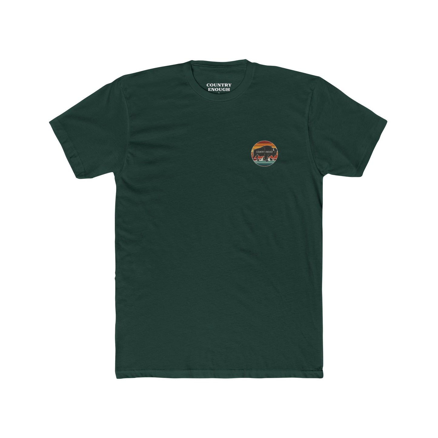 Forest green t-shirt with a bison, sunset and mountain landscape graphic #forestgreen