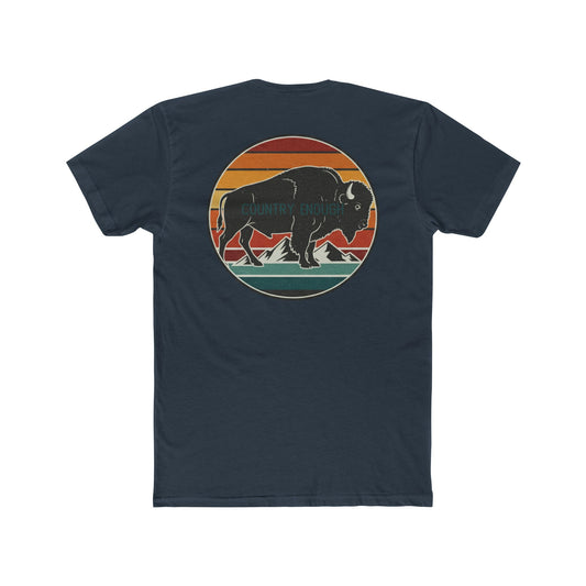 Indigo t-shirt with a bison, sunset and mountain landscape graphic #indigo