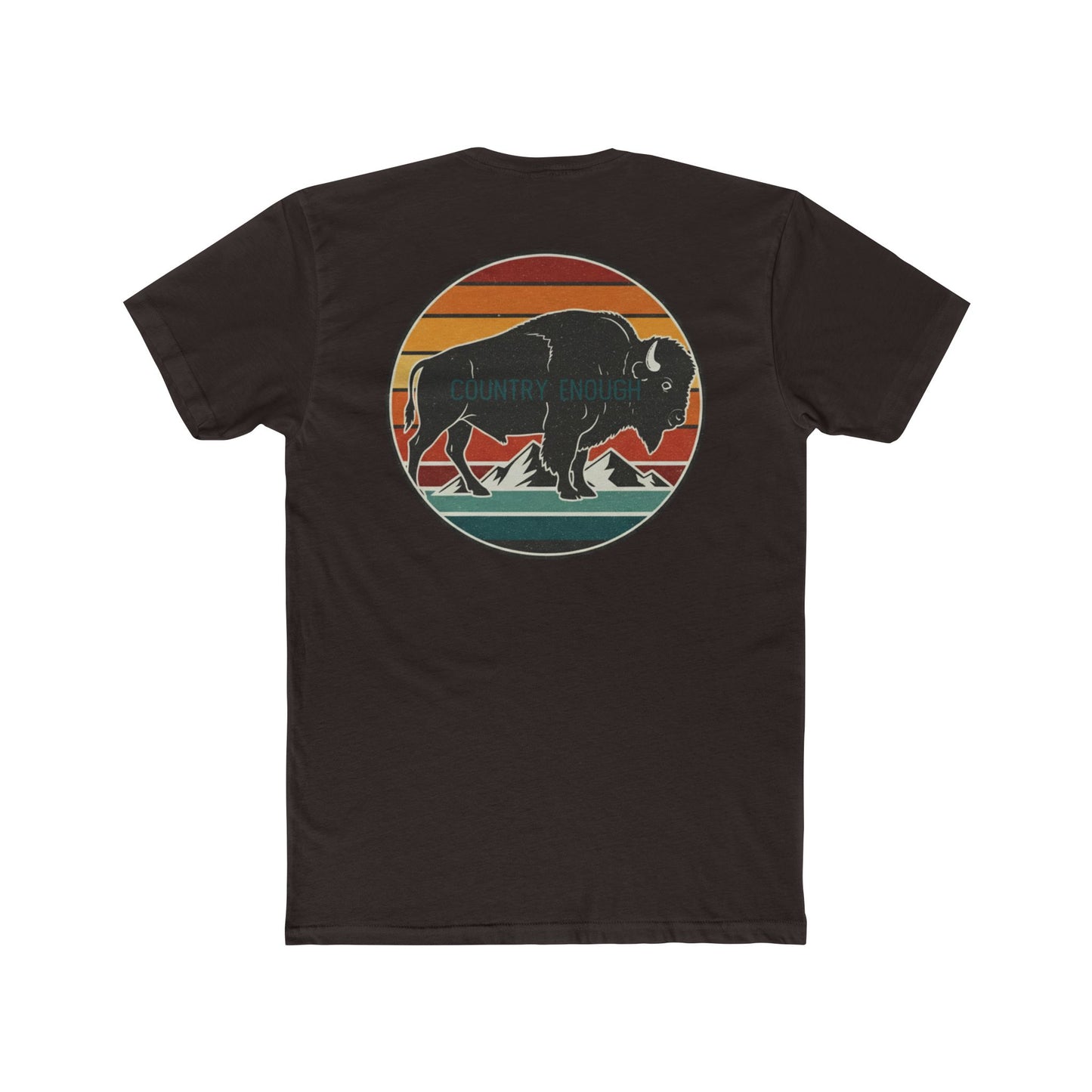 Dark Brown t-shirt with a bison, sunset and mountain landscape graphic #darkbrown