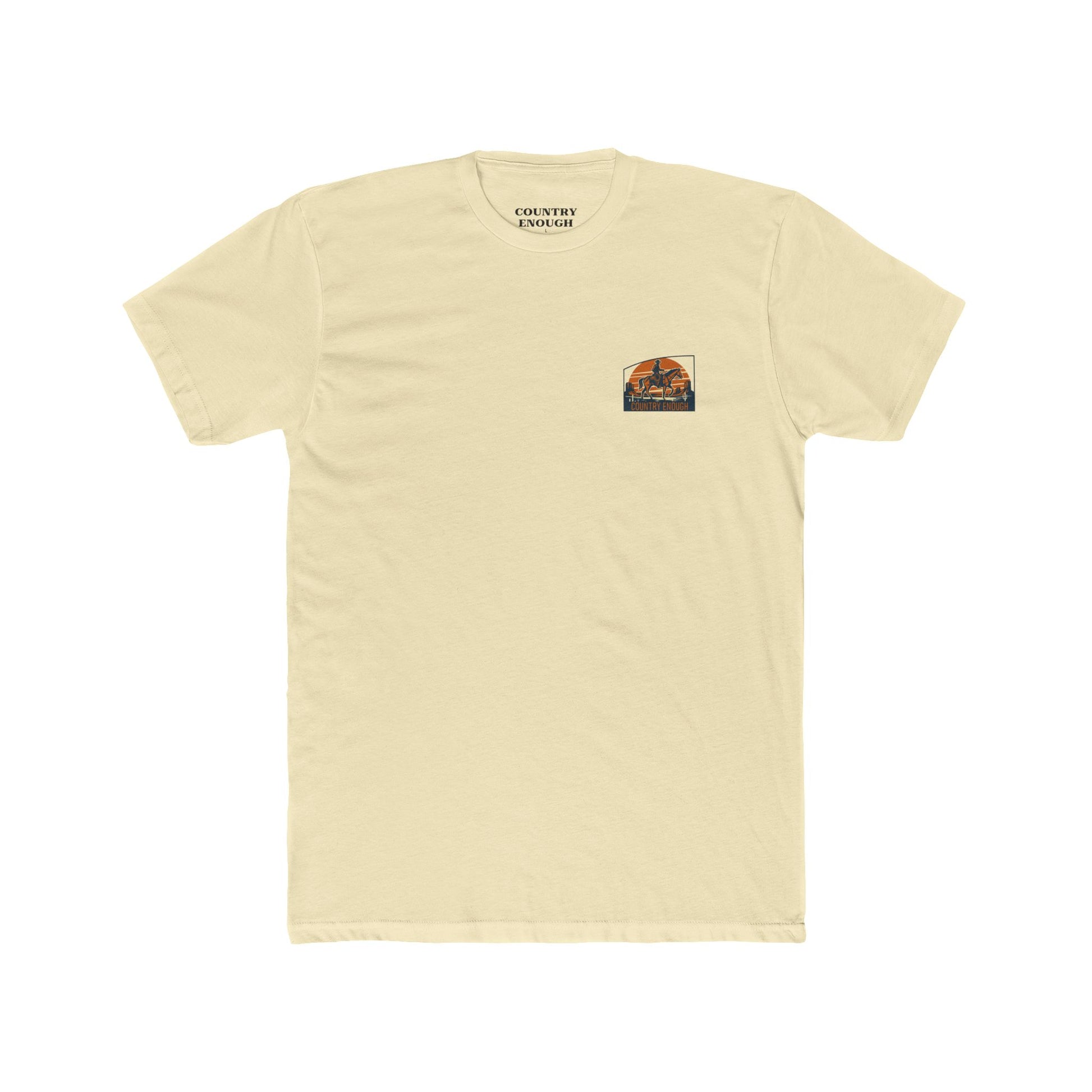 Solid Natural t-shirt with graphic design containing horse and rider, desert, mountains, and cactus #solidnatural