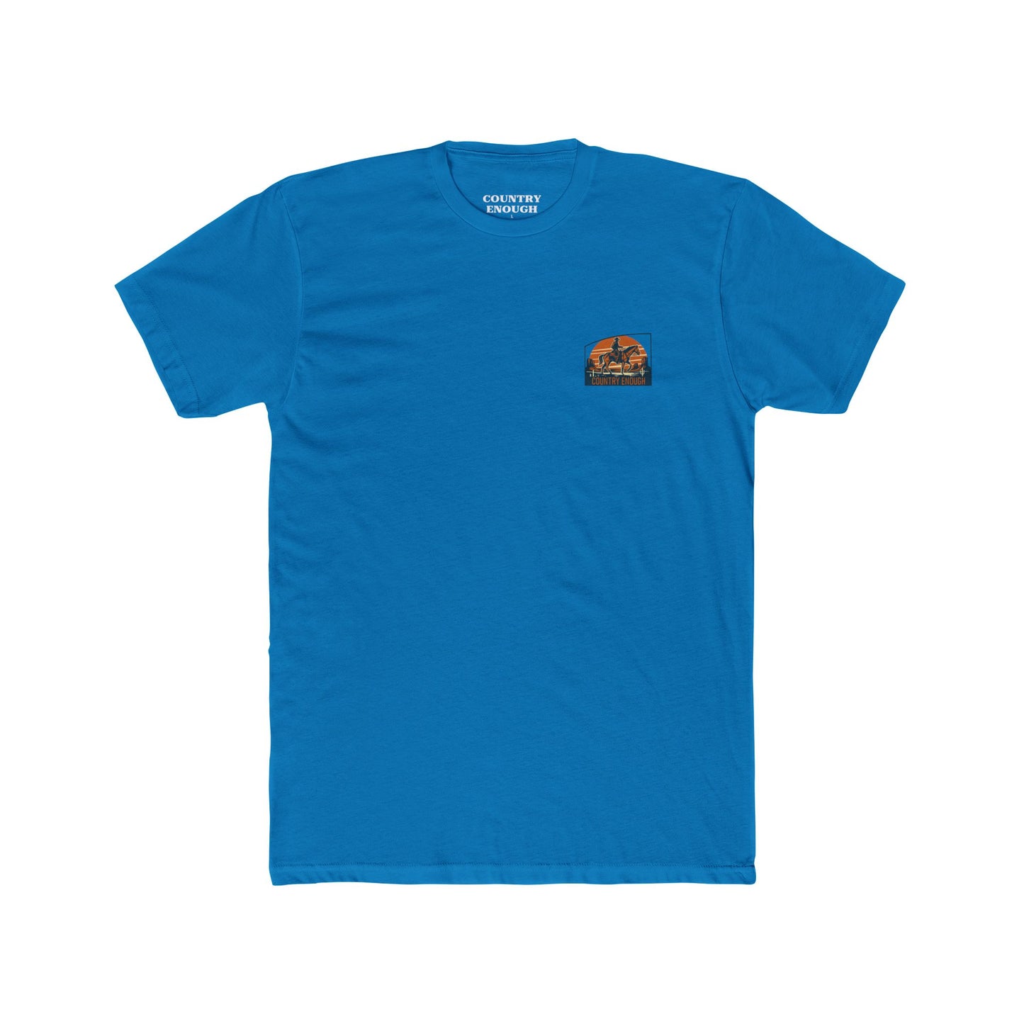 Turquoise t-shirt with graphic design containing horse and rider, desert, mountains, and cactus #Turquoise