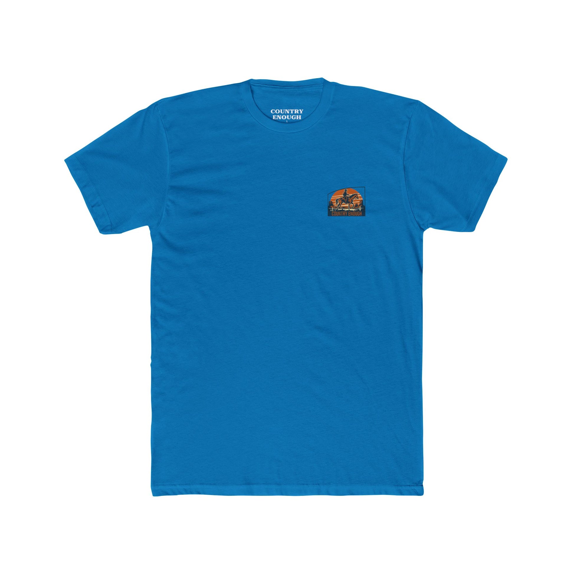 Turquoise t-shirt with graphic design containing horse and rider, desert, mountains, and cactus #Turquoise