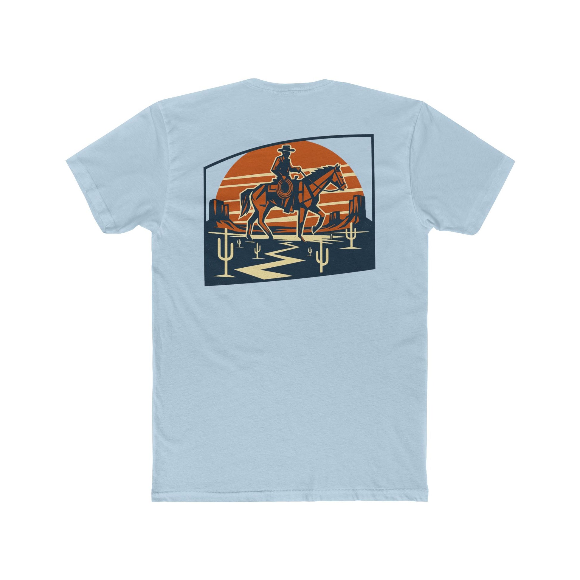 Light Blue t-shirt with graphic design containing horse and rider, desert, mountains, and cactus #lightblue