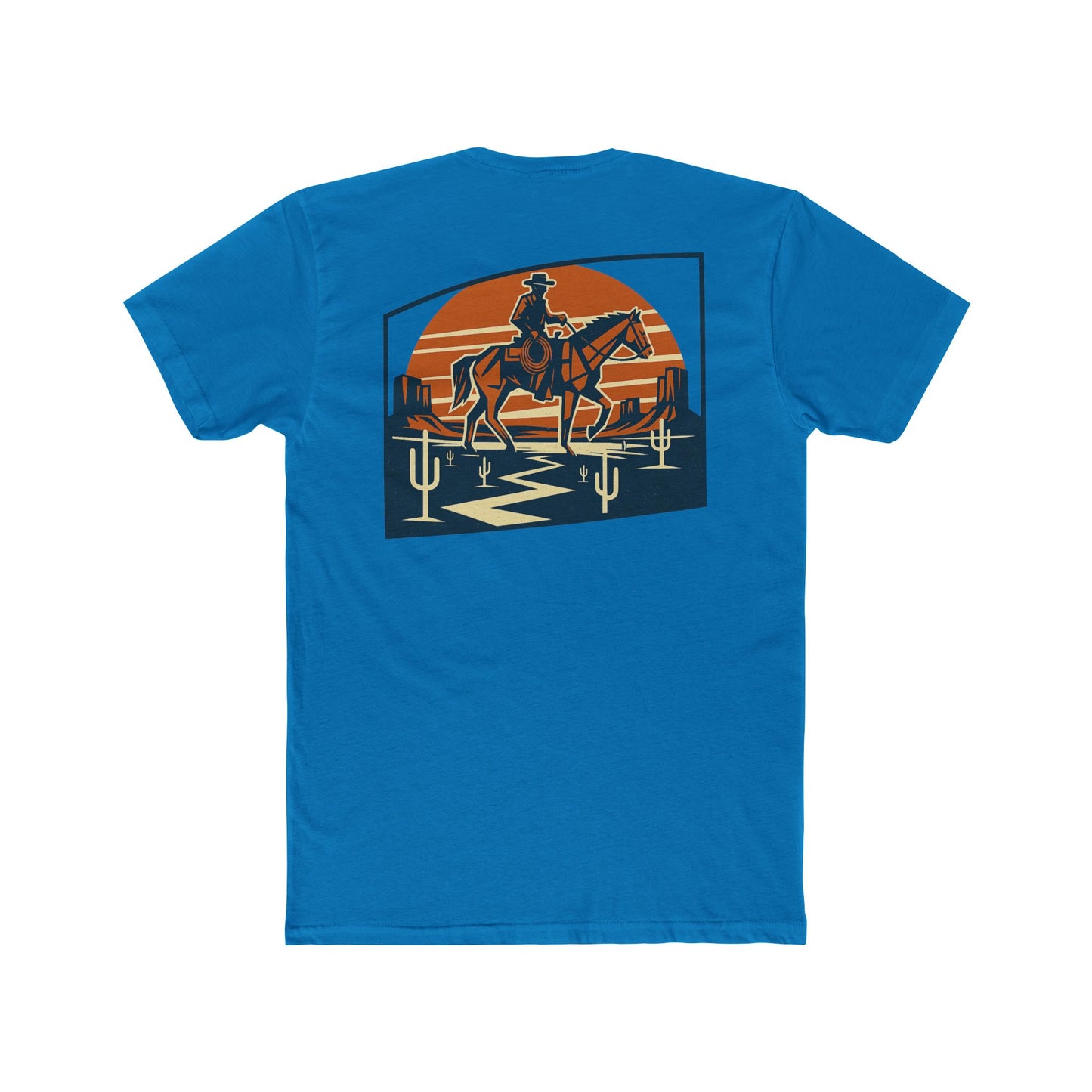 Turquoise t-shirt with graphic design containing horse and rider, desert, mountains, and cactus #Turquoise