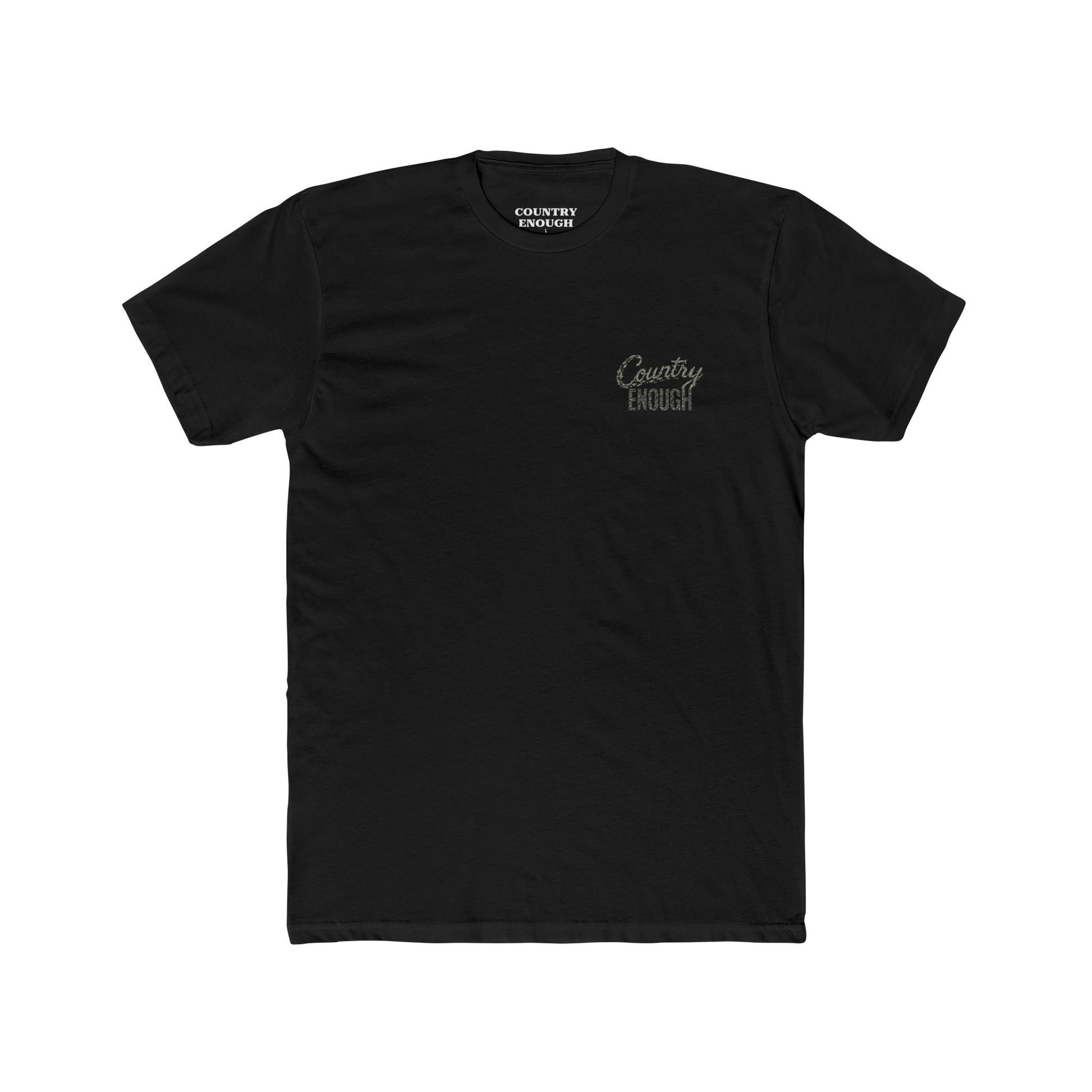Black t-shirt with graphic of the words country enough shaped with fish #black