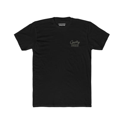 Black t-shirt with graphic of the words country enough shaped with fish #black