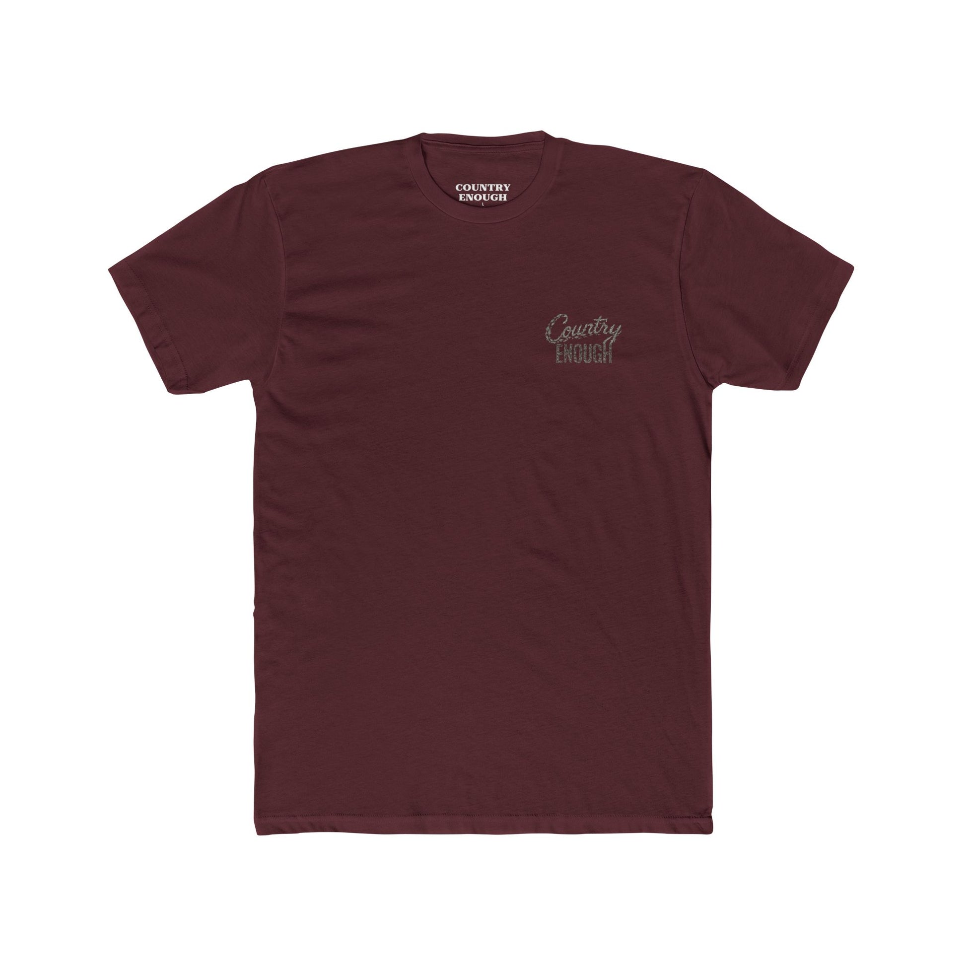 Maroon t-shirt with graphic of the words country enough shaped with fish #maroon
