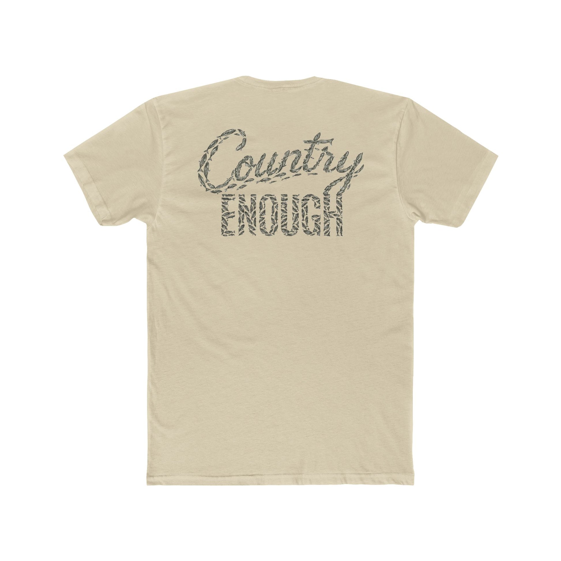 Cream t-shirt with graphic of the words country enough shaped with fish #cream