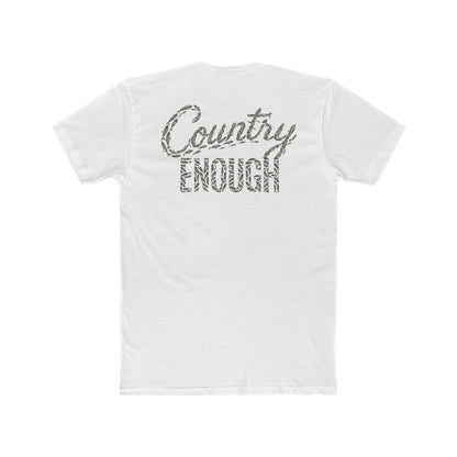 White t-shirt with graphic of the words country enough shaped with fish #white