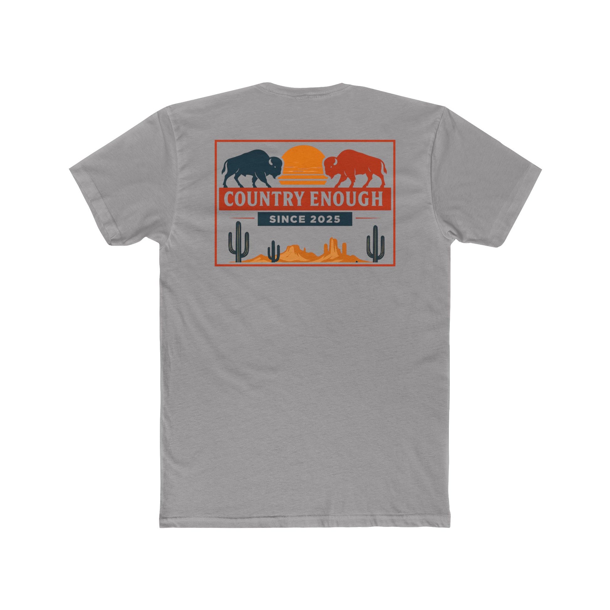 Gray t-shirt with graphic of mirrored bison in red and blue, sun, desert landscape, cacti, and the words country enough since 2025 #gray