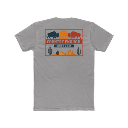 Gray t-shirt with graphic of mirrored bison in red and blue, sun, desert landscape, cacti, and the words country enough since 2025 #gray
