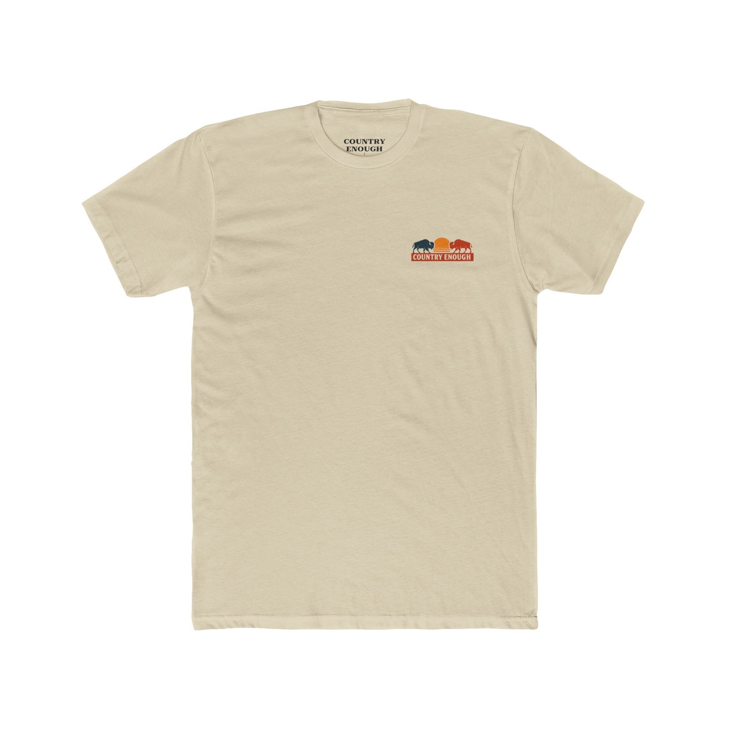Cream t-shirt with graphic of mirrored bison in red and blue, sun, desert landscape, cacti, and the words country enough since 2025 #cream