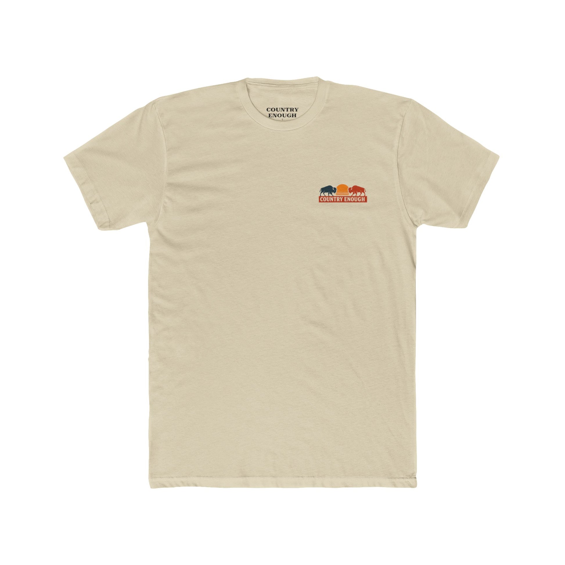 Cream t-shirt with graphic of mirrored bison in red and blue, sun, desert landscape, cacti, and the words country enough since 2025 #cream