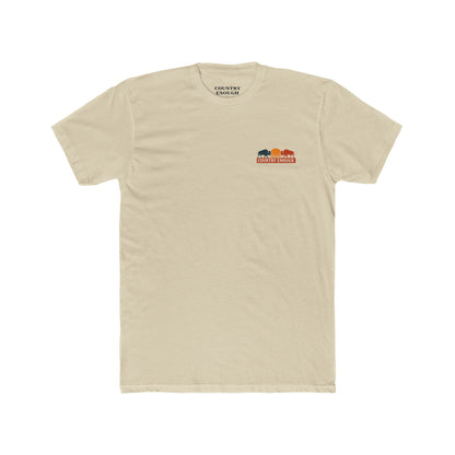 Cream t-shirt with graphic of mirrored bison in red and blue, sun, desert landscape, cacti, and the words country enough since 2025 #cream