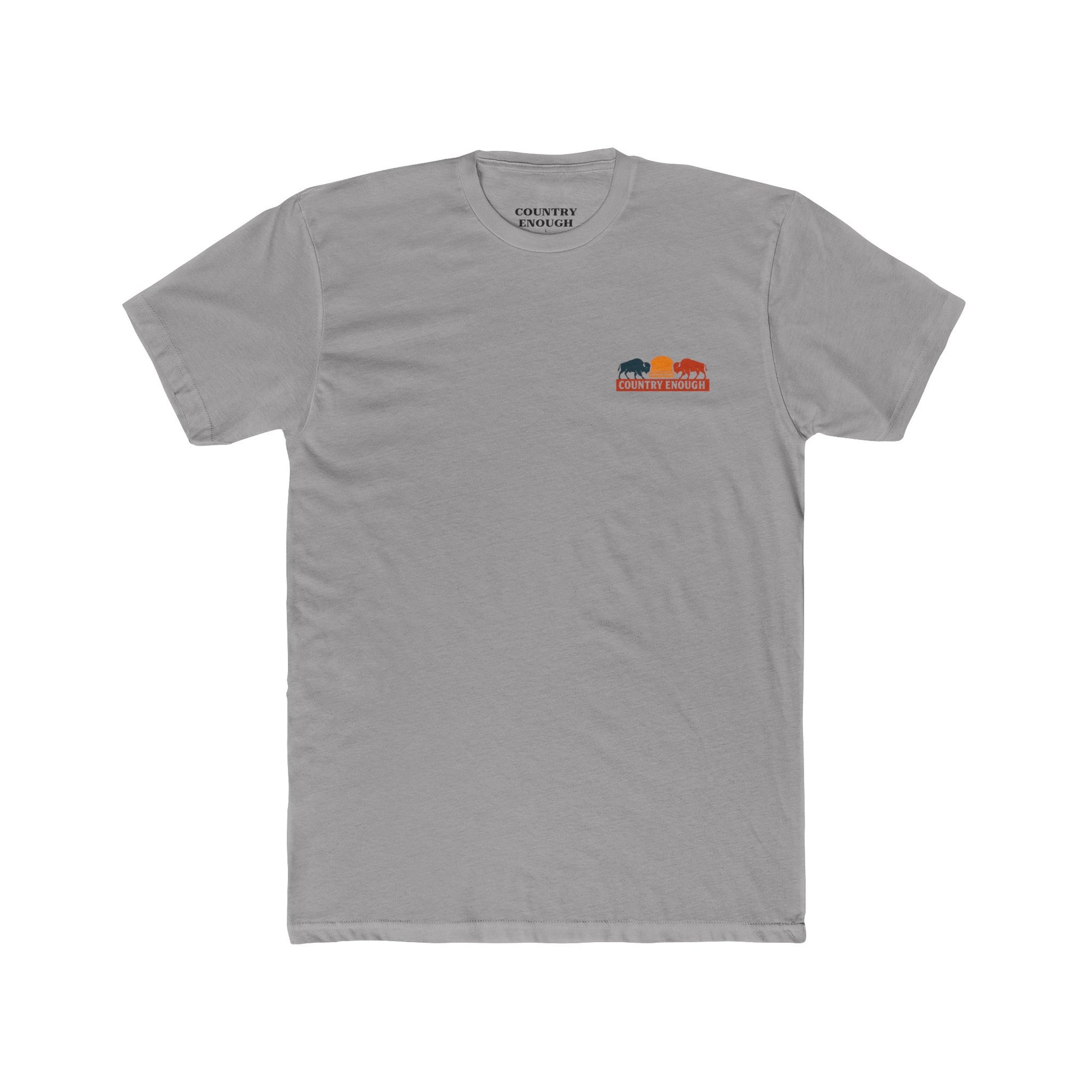 Gray t-shirt with graphic of mirrored bison in red and blue, sun, desert landscape, cacti, and the words country enough since 2025 #gray