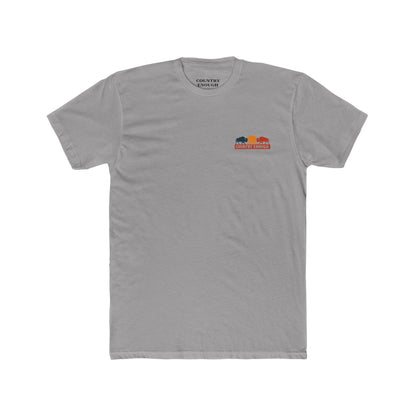 Gray t-shirt with graphic of mirrored bison in red and blue, sun, desert landscape, cacti, and the words country enough since 2025 #gray