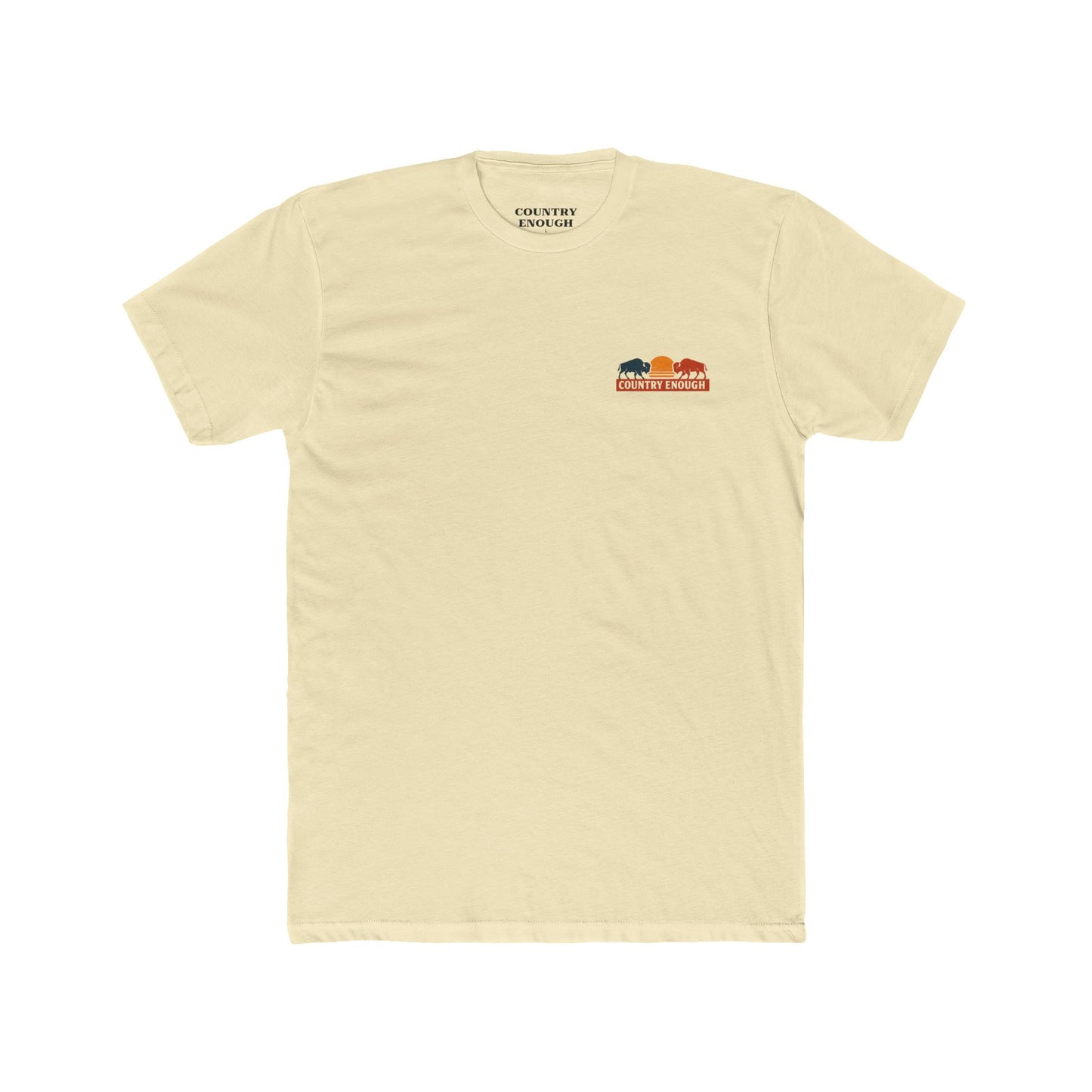 Natural t-shirt with graphic of mirrored bison in red and blue, sun, desert landscape, cacti, and the words country enough since 2025 #natural