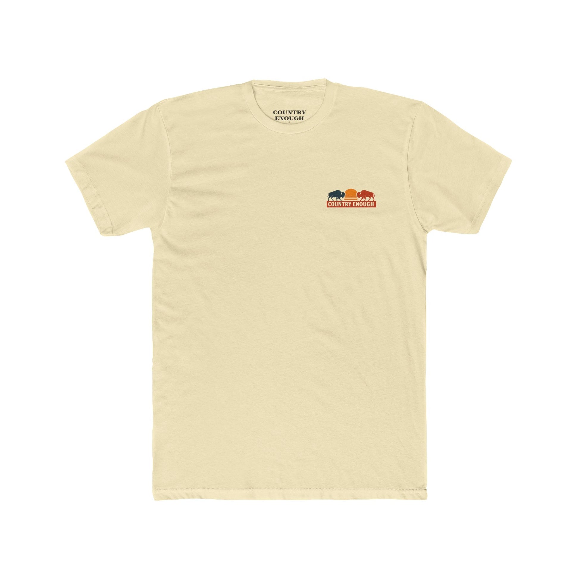 Natural t-shirt with graphic of mirrored bison in red and blue, sun, desert landscape, cacti, and the words country enough since 2025 #natural