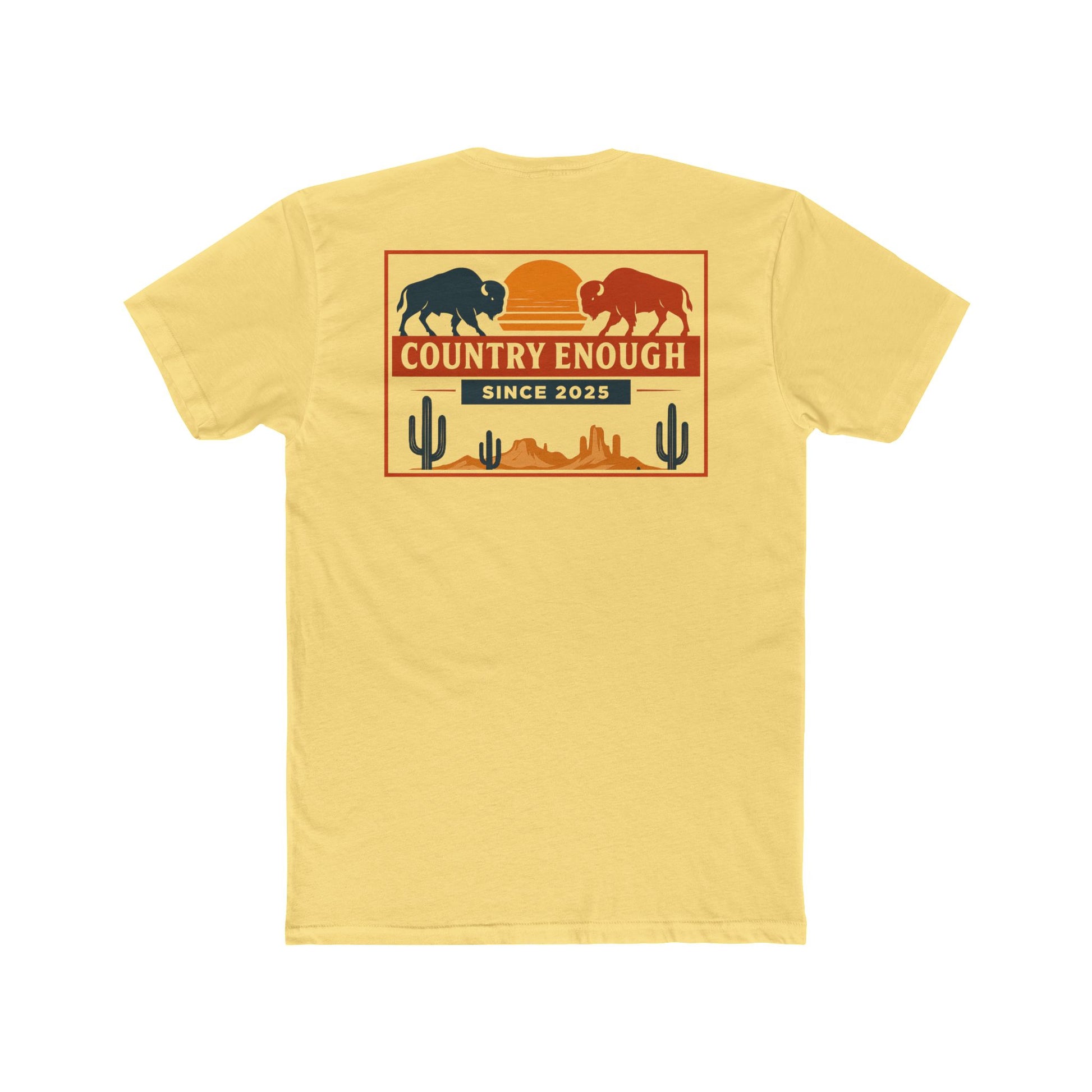 Yellow t-shirt with graphic of mirrored bison in red and blue, sun, desert landscape, cacti, and the words country enough since 2025 #yellow