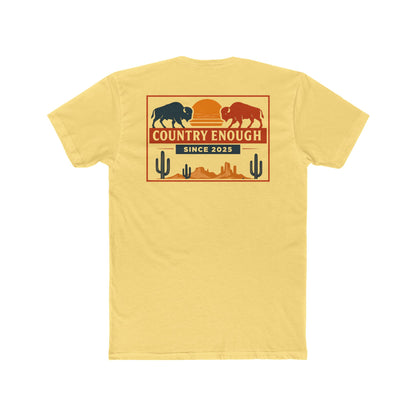 Yellow t-shirt with graphic of mirrored bison in red and blue, sun, desert landscape, cacti, and the words country enough since 2025 #yellow