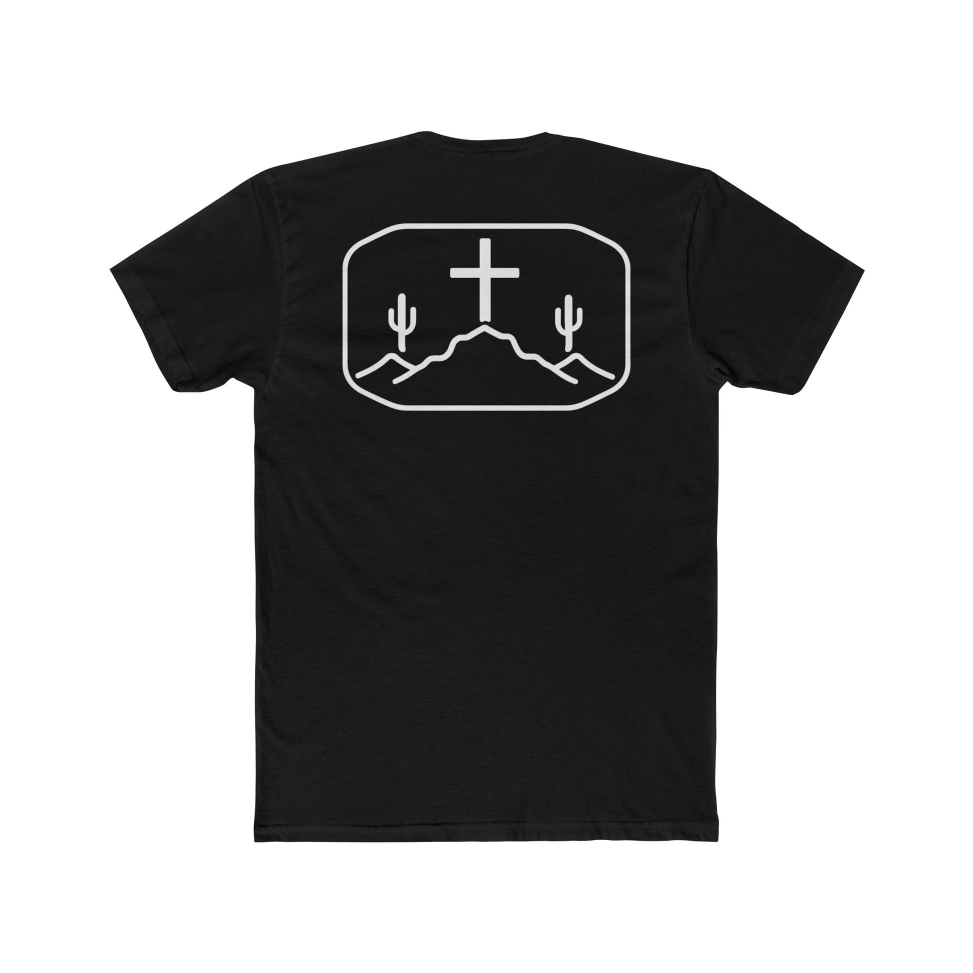 Black t-shirt with cross, cacti, and mountains graphic #black