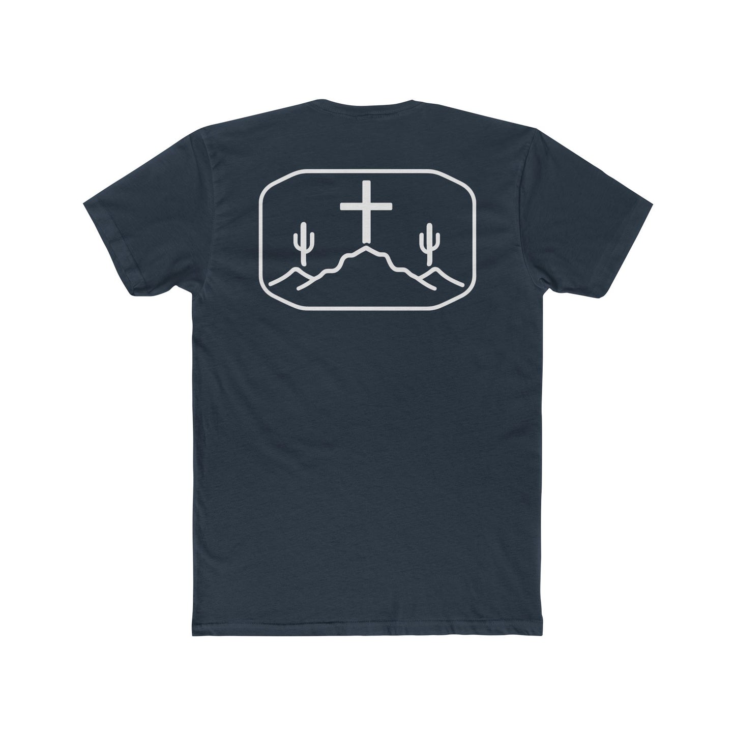 Indigo t-shirt with cross, cacti, and mountains graphic #indigo
