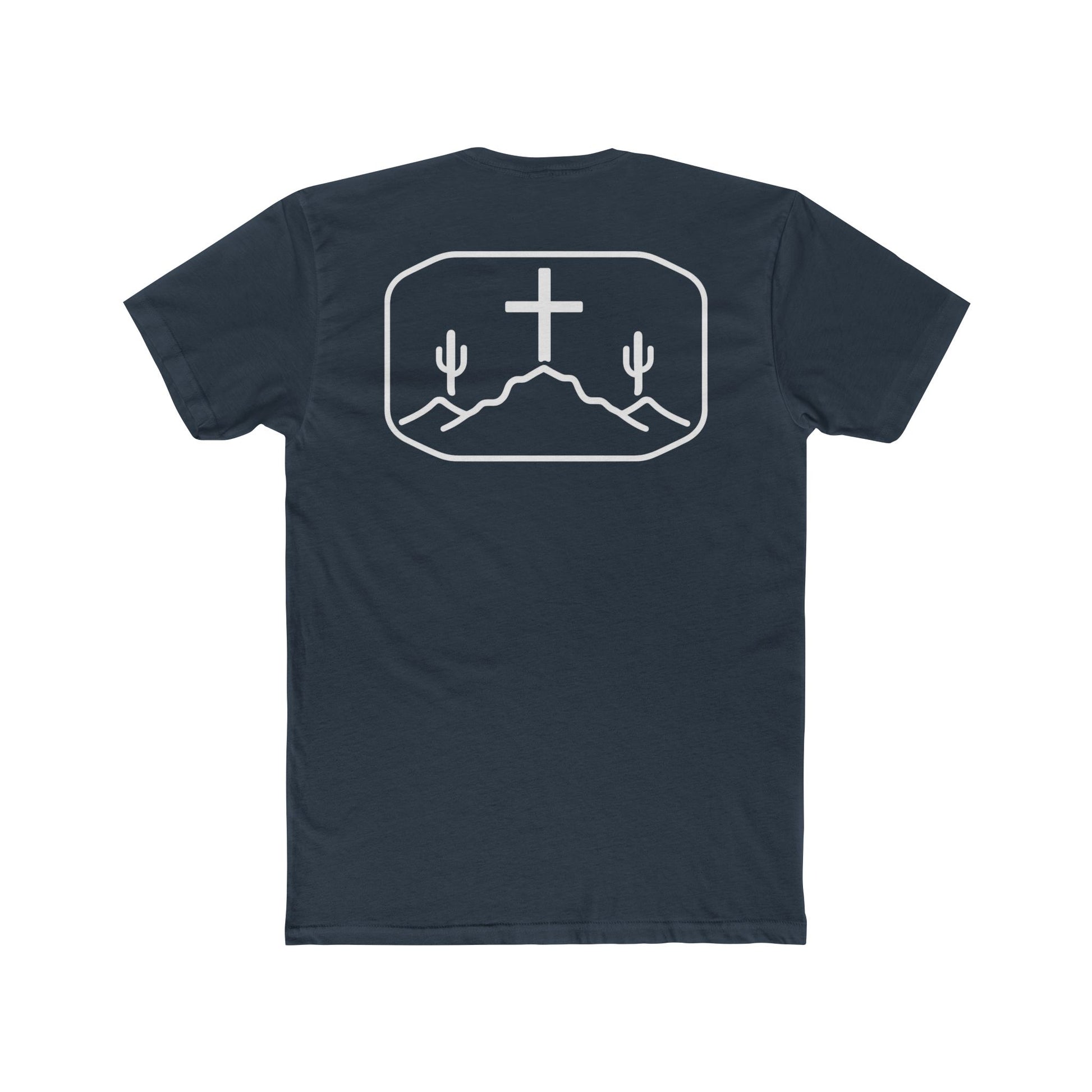 Indigo t-shirt with cross, cacti, and mountains graphic #indigo