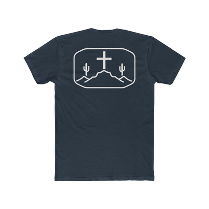Indigo t-shirt with cross, cacti, and mountains graphic #indigo