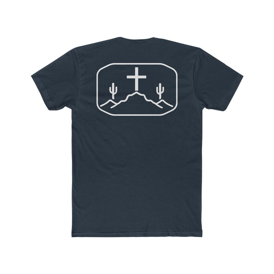 Indigo t-shirt with cross, cacti, and mountains graphic #indigo