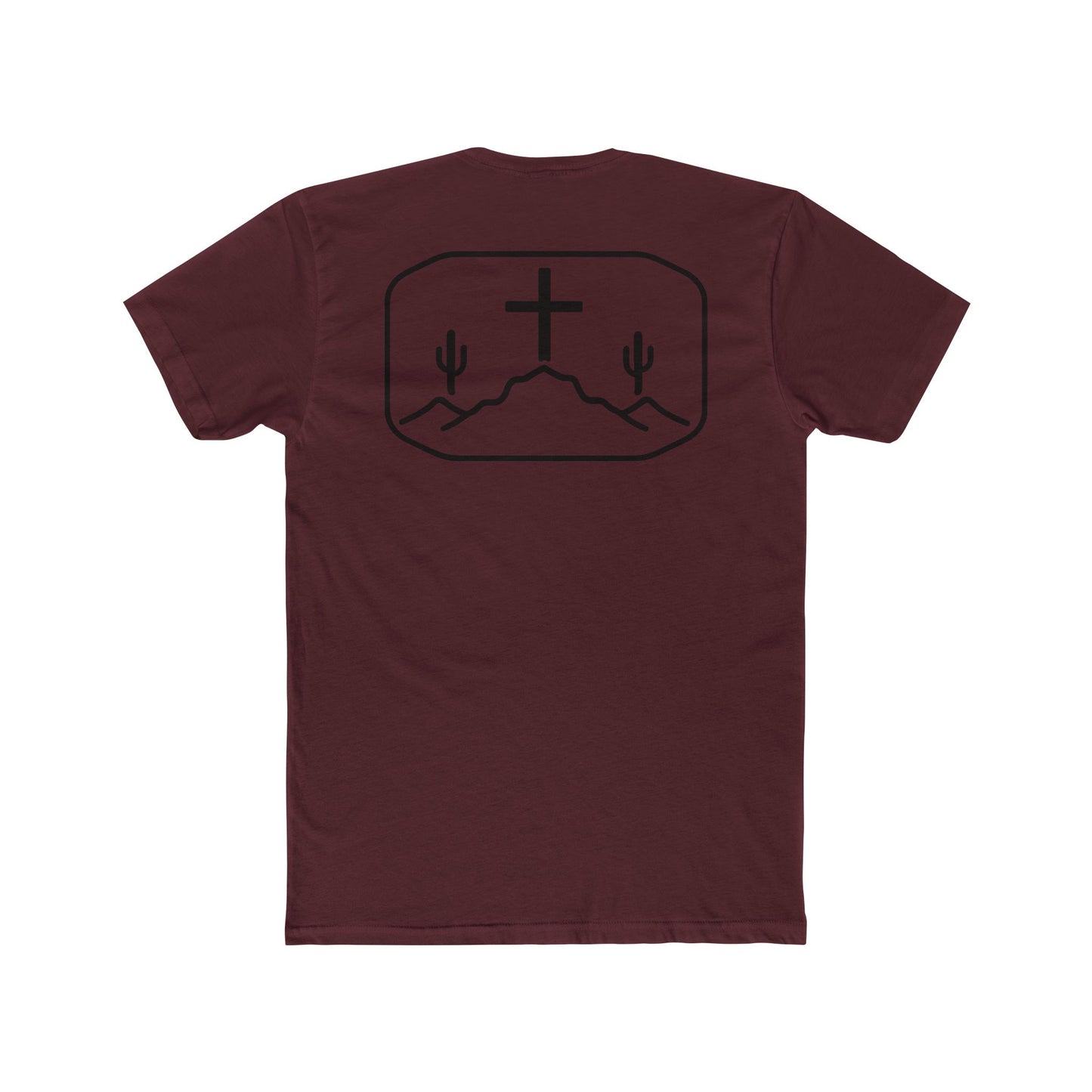Cardinal Red t-shirt with cross, cacti, and mountains graphic #cardinalred