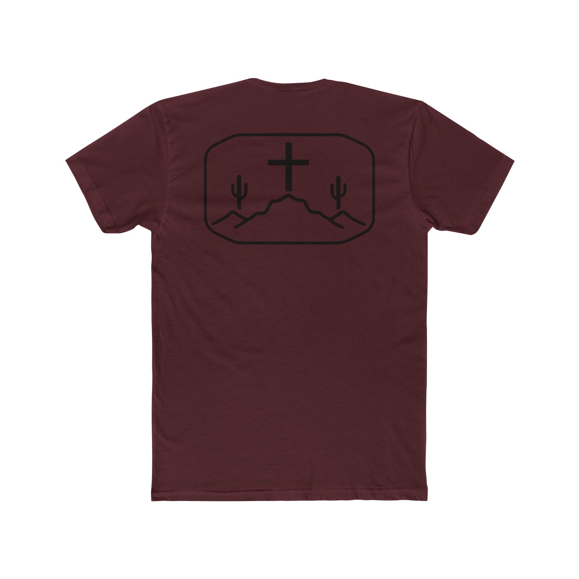 Cardinal Red t-shirt with cross, cacti, and mountains graphic #cardinalred