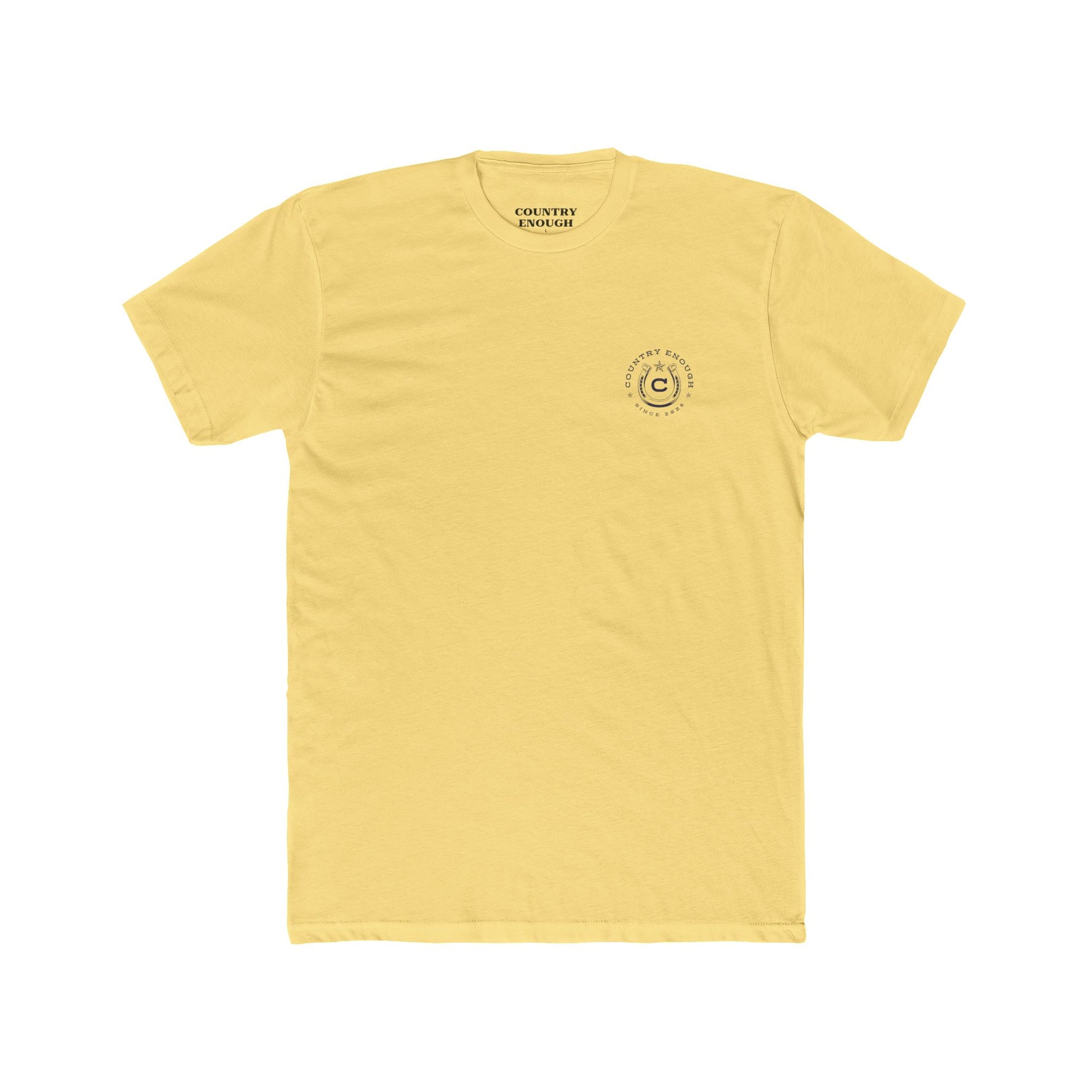 Yellow t-shirt featuring horse rider, western landscape, and sun #yellow