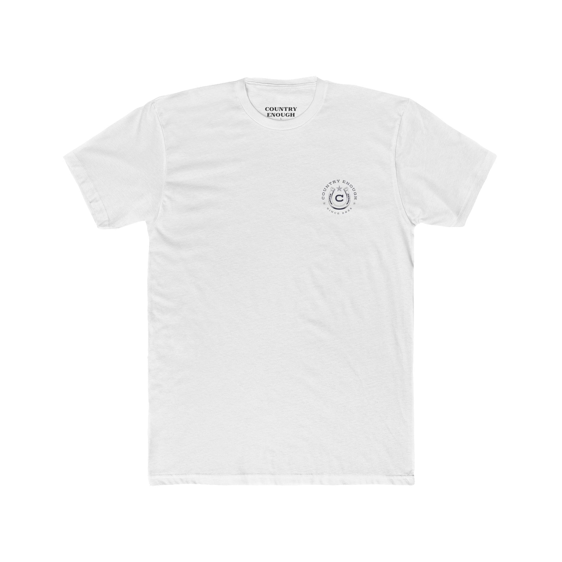White t-shirt featuring horse rider, western landscape, and sun #white