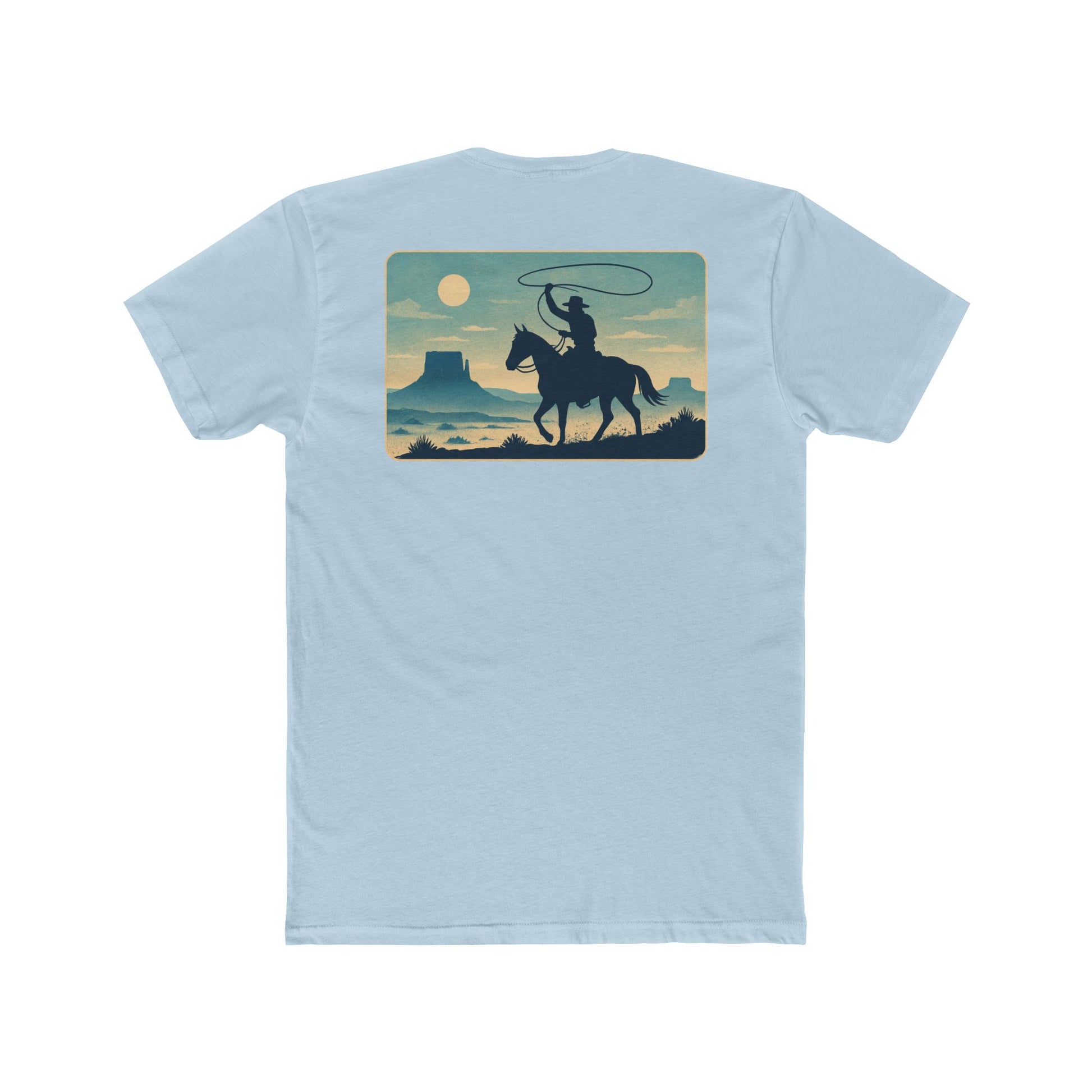 Light Blue t-shirt featuring horse rider, western landscape, and sun #lightblue