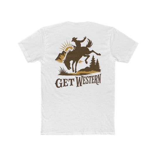 White t-shirt with graphic of bronc rider over mountains and sun with the words get western #white