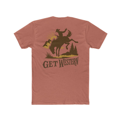 Desert pink t-shirt with graphic of bronc rider over mountains and sun with the words get western #desertpink