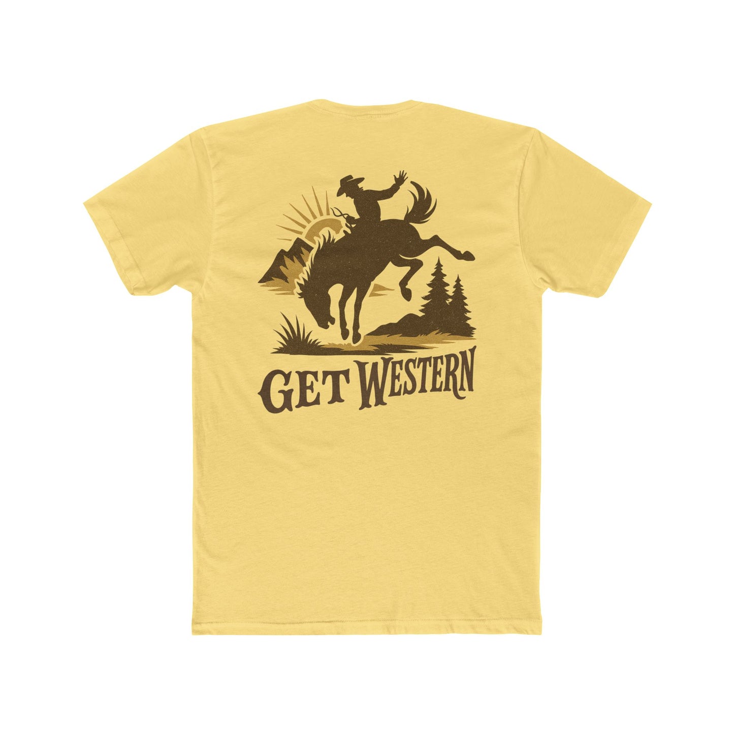 Yellow t-shirt with graphic of bronc rider over mountains and sun with the words get western #yellow