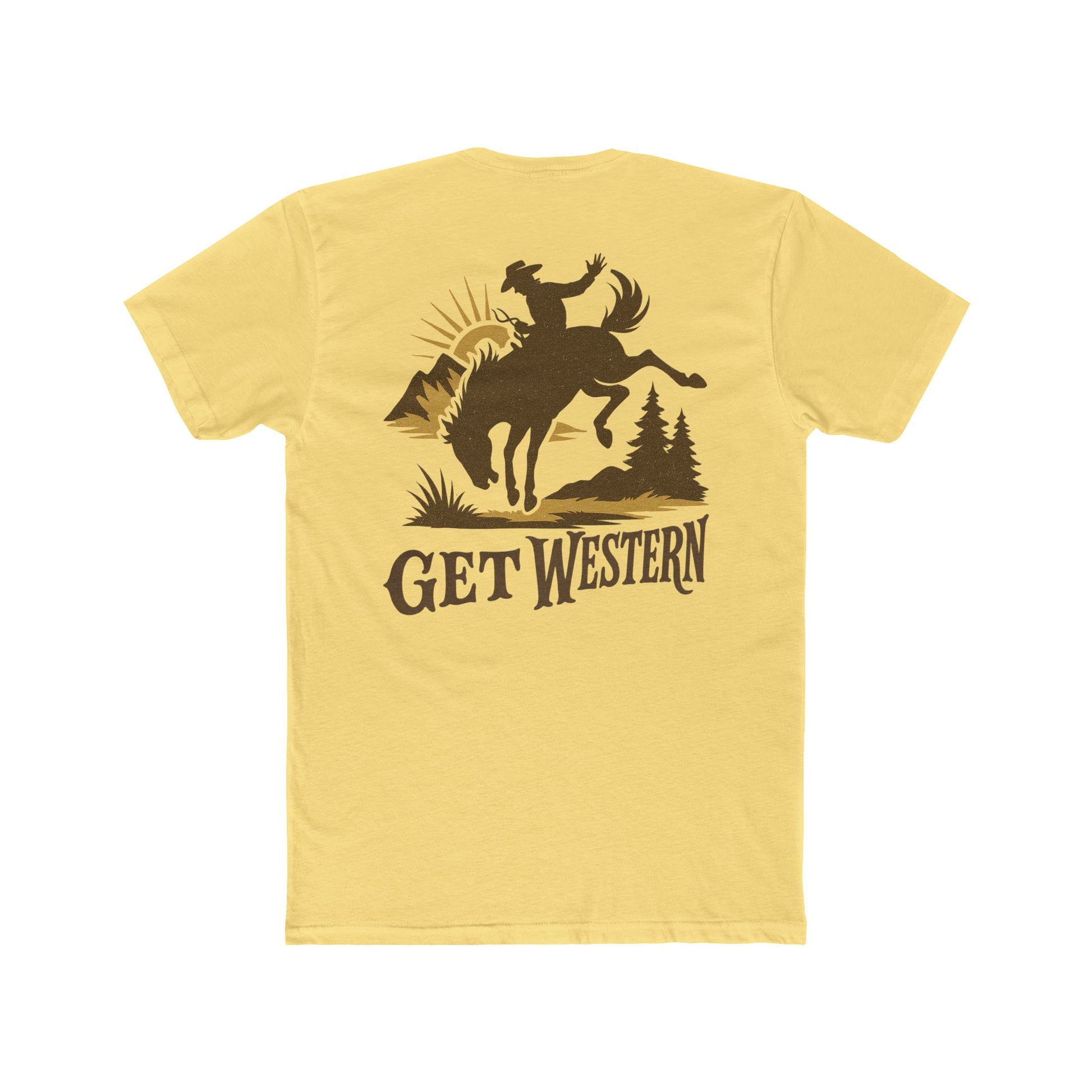 Yellow t-shirt with graphic of bronc rider over mountains and sun with the words get western #yellow