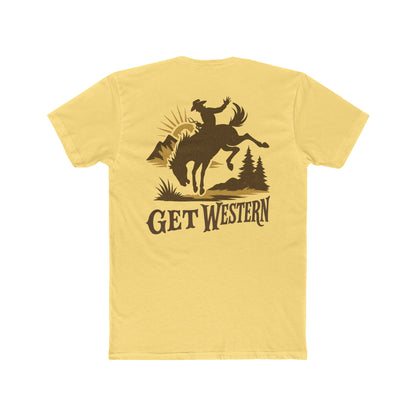 Yellow t-shirt with graphic of bronc rider over mountains and sun with the words get western #yellow