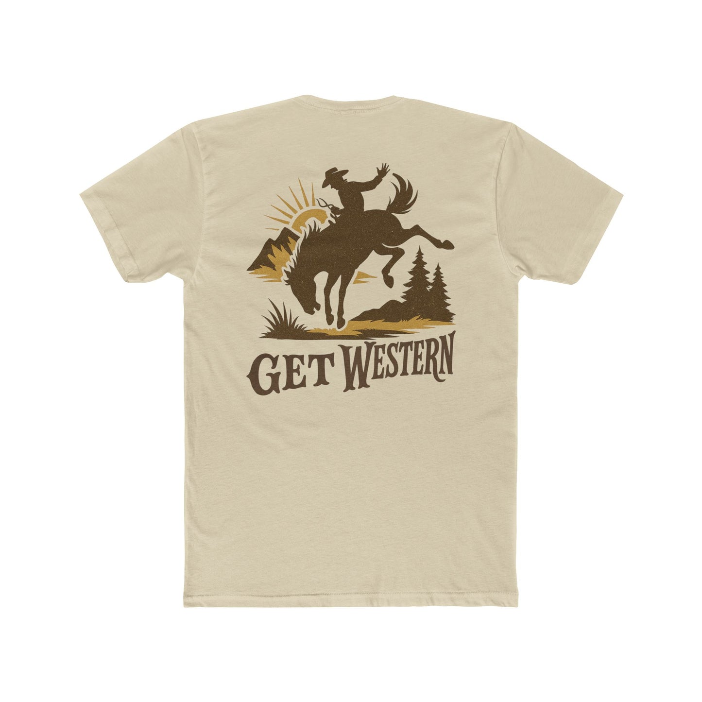 Cream t-shirt with graphic of bronc rider over mountains and sun with the words get western #cream