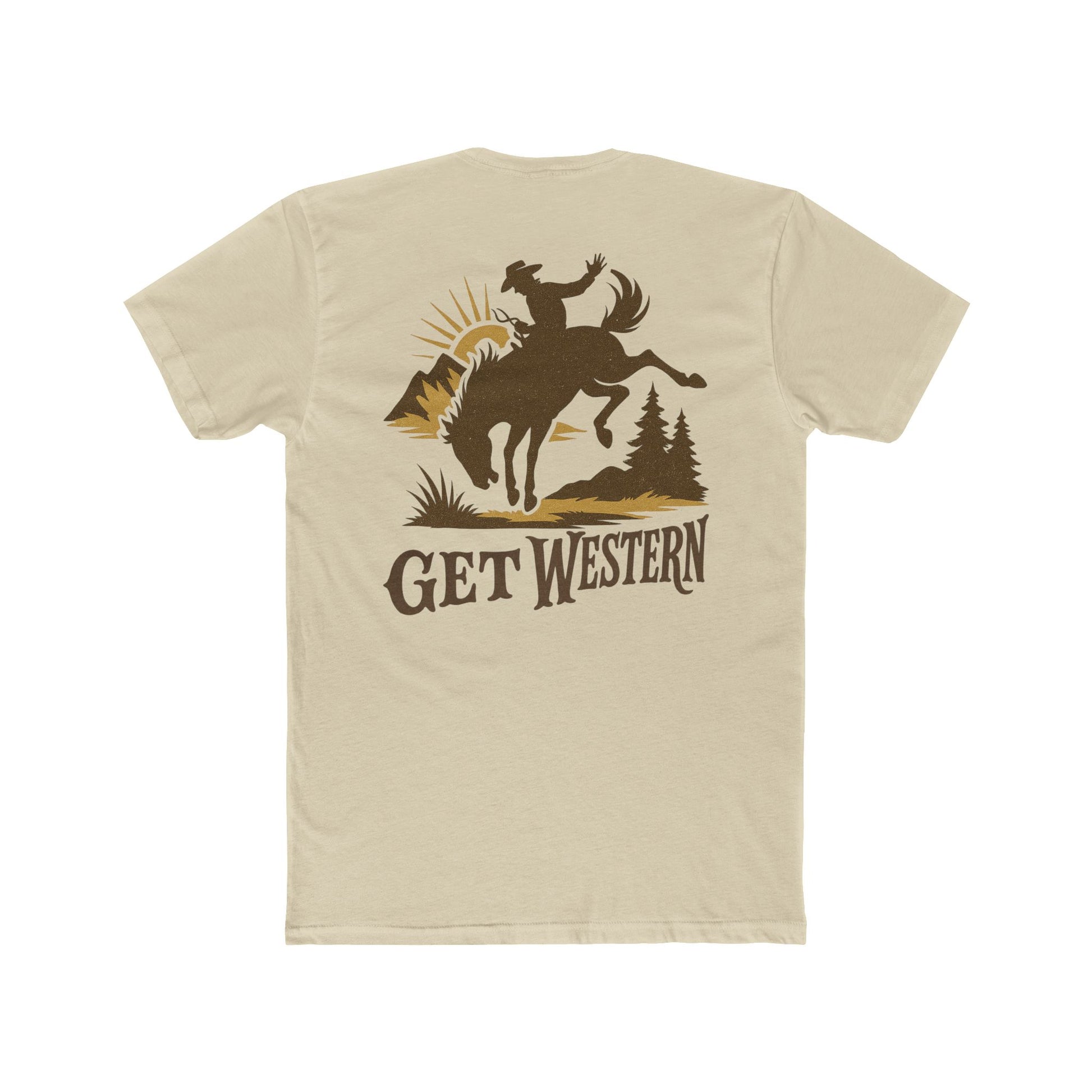Cream t-shirt with graphic of bronc rider over mountains and sun with the words get western #cream