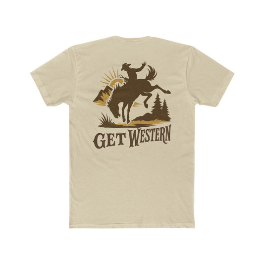 Cream t-shirt with graphic of bronc rider over mountains and sun with the words get western #cream