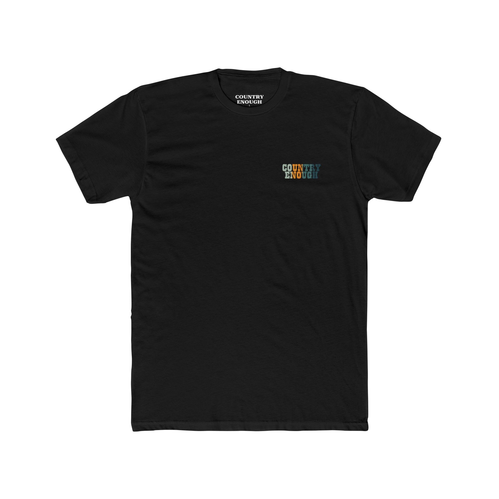 Black t-shirt with graphic of cowboy riding through a desert landscape at different times of the day #black
