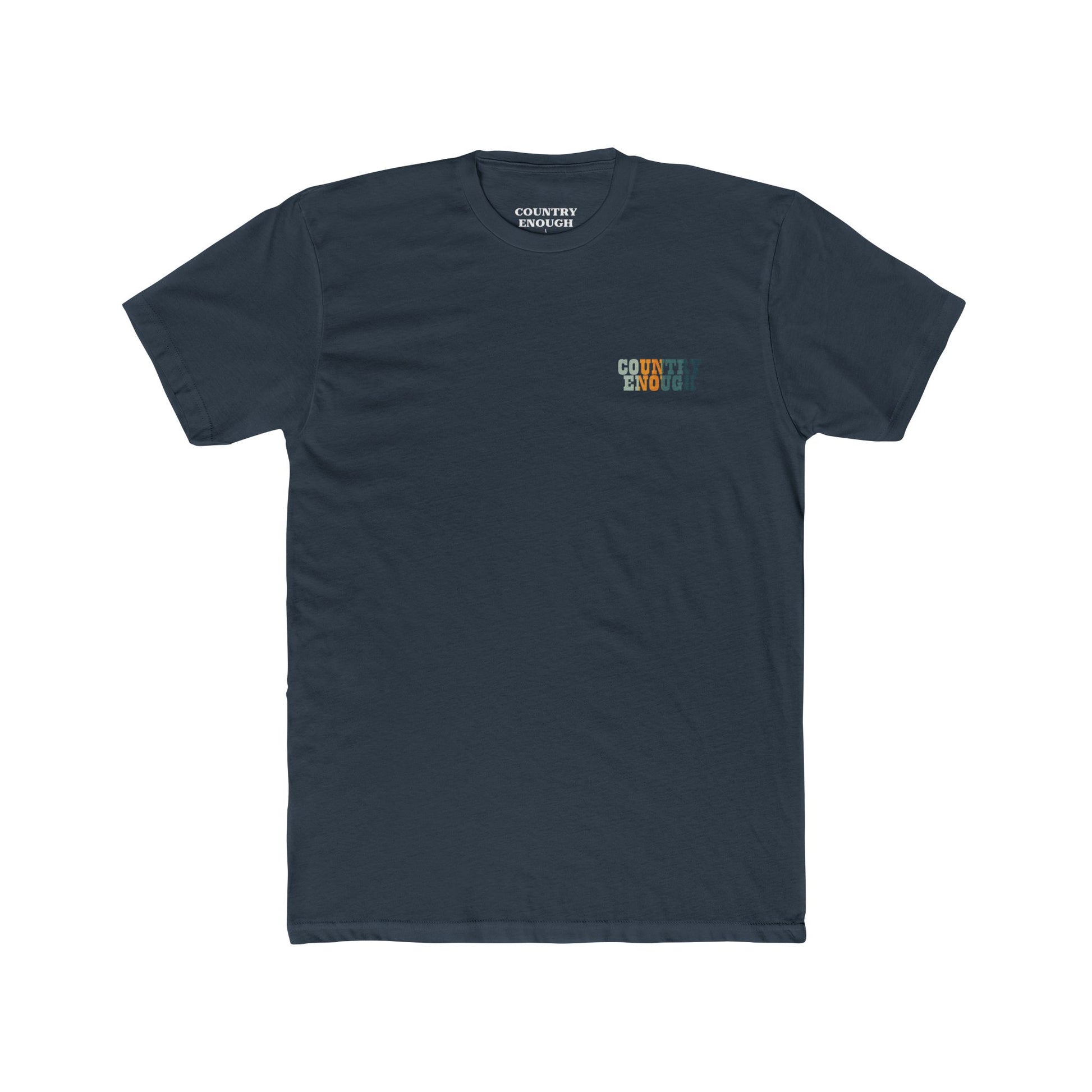 Indigo t-shirt with graphic of cowboy riding through a desert landscape at different times of the day #indigo