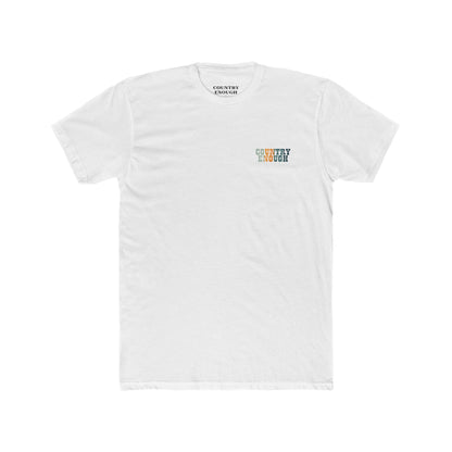 White t-shirt with graphic of cowboy riding through a desert landscape at different times of the day #white