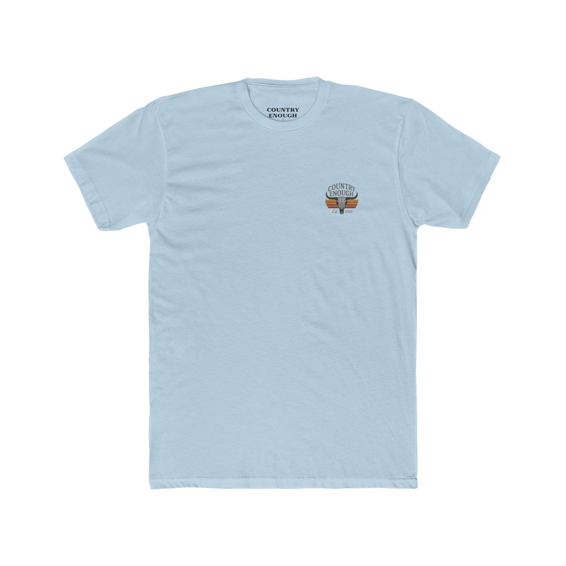 Light Blue t-shirt with vintage retro graphic of a bull skull and words country enough EST 2025 #lightblue