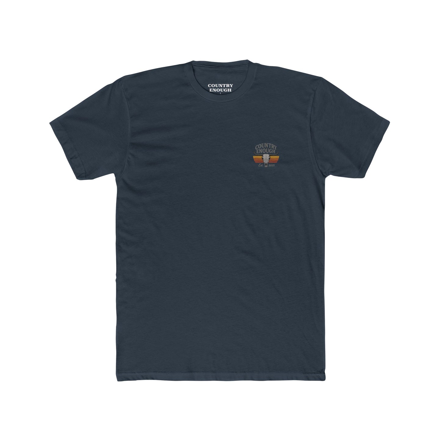 Indigo t-shirt with vintage retro graphic of a bull skull and words country enough EST 2025 #indigo