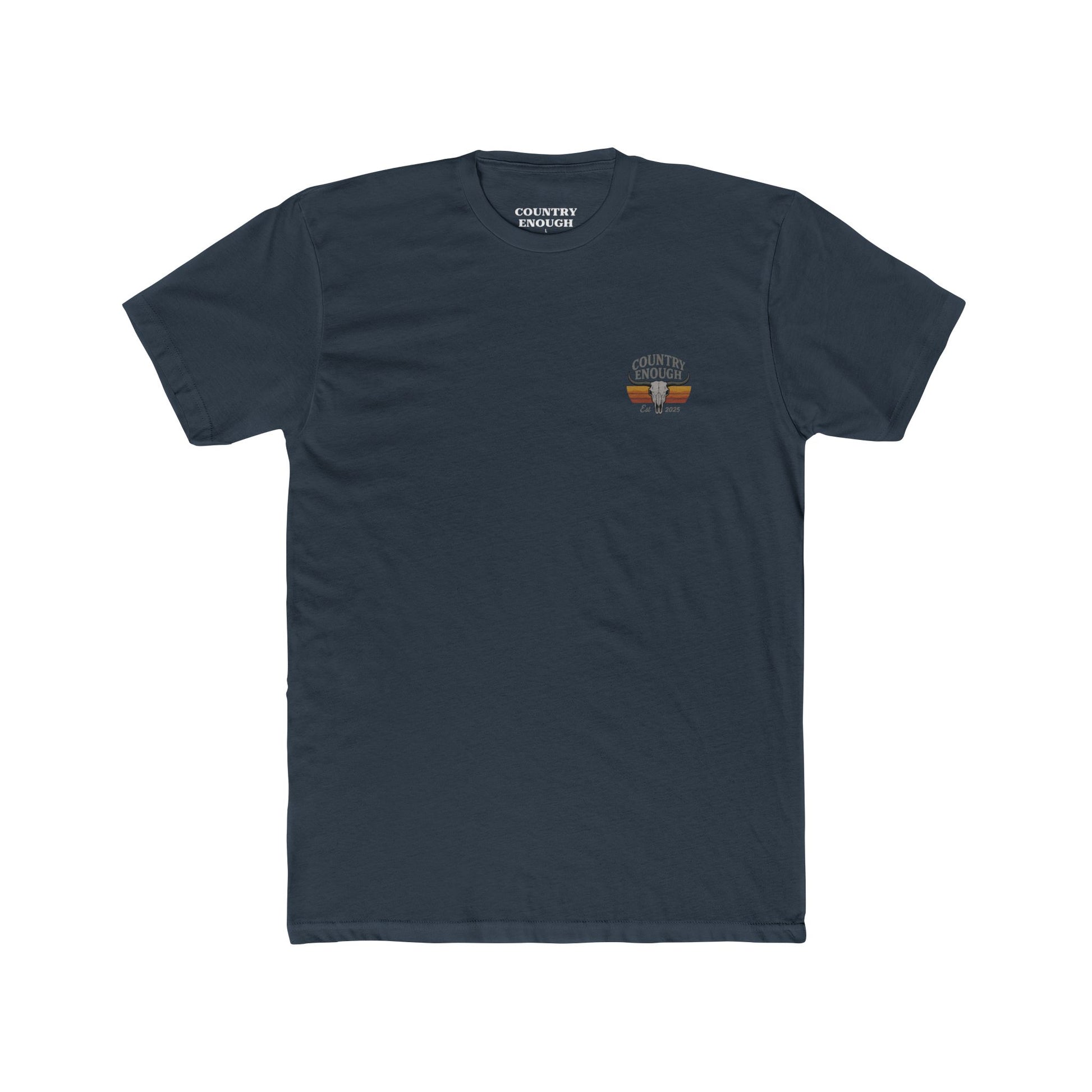 Indigo t-shirt with vintage retro graphic of a bull skull and words country enough EST 2025 #indigo
