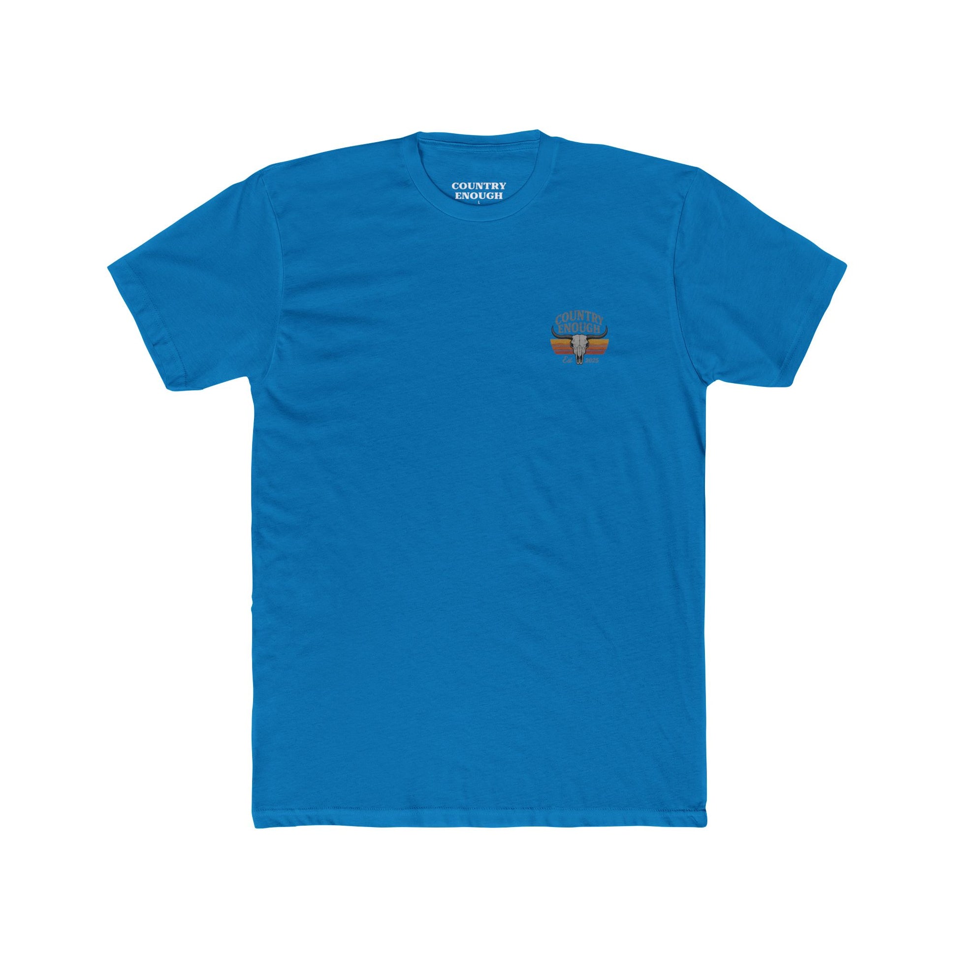 Turquoise t-shirt with vintage retro graphic of a bull skull and words country enough EST 2025 #turquoise
